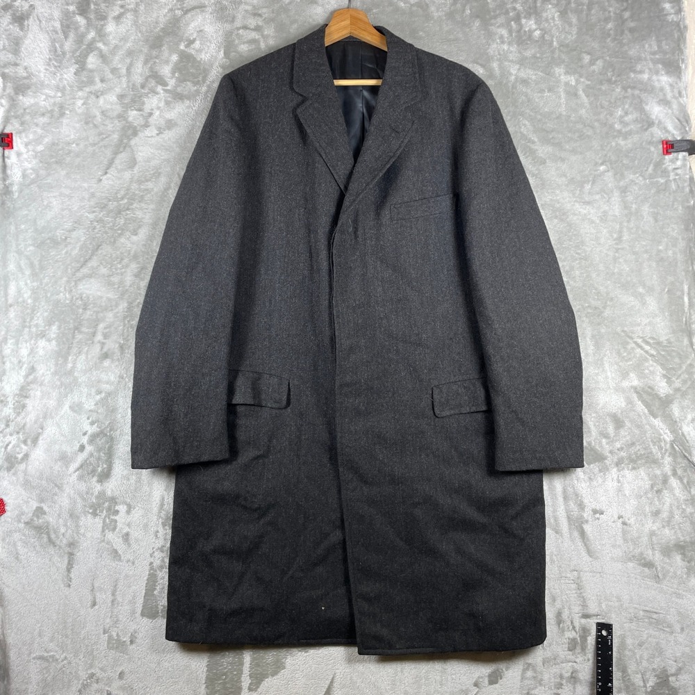 Vintage 1950s Overcoat Men XL Black Wool Herringbone Long Trench Coat Union Made
